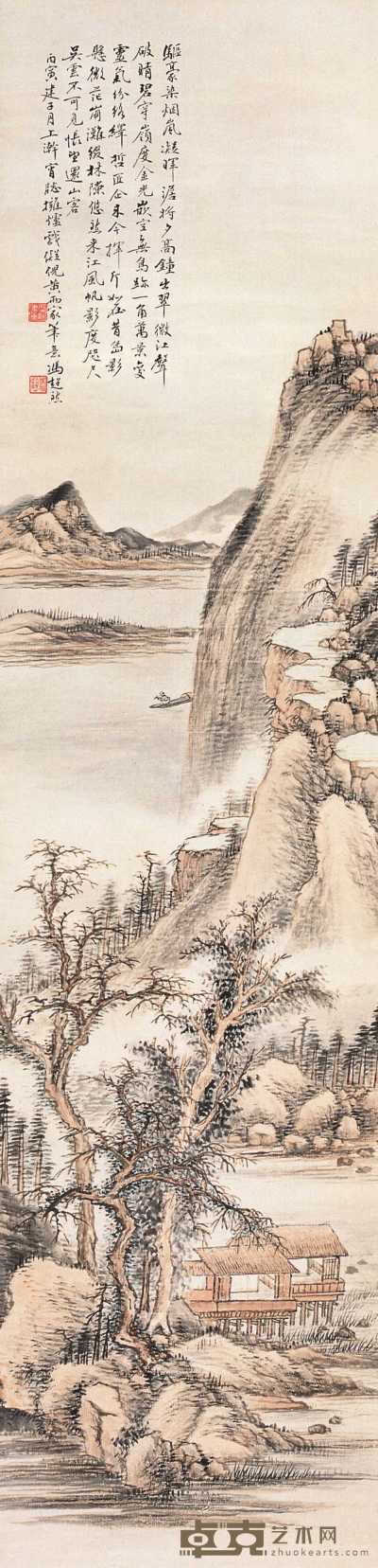 冯超然 丙寅（1926年）作 江风帆影烟岚中 立轴 128×31.6cm